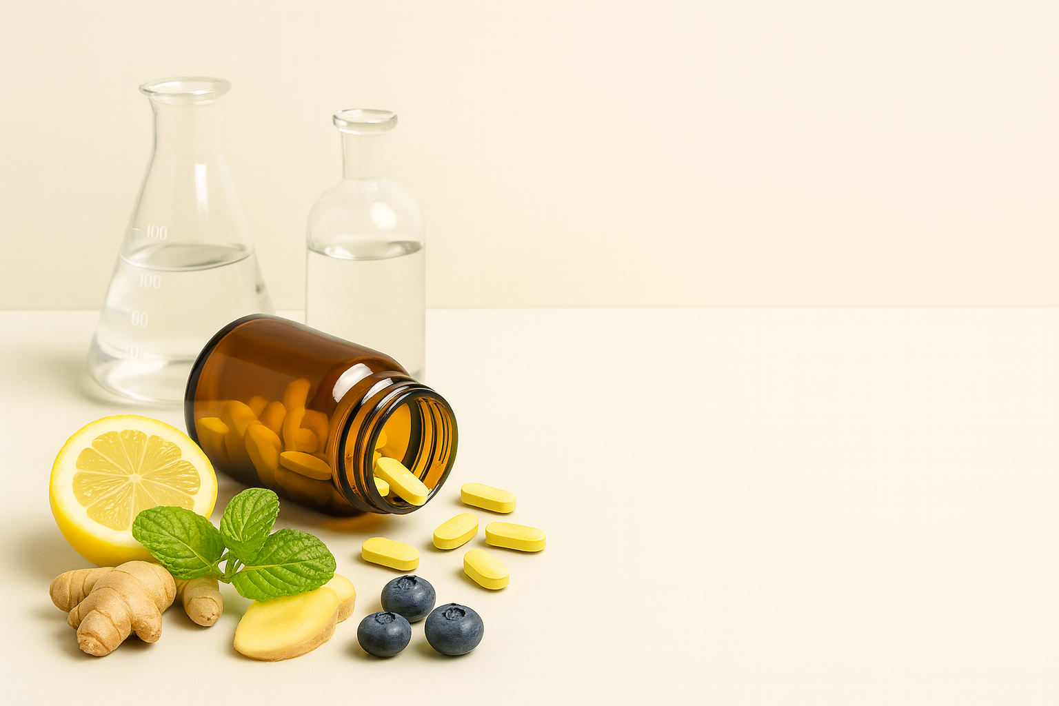 Vitamins, herbs, and a bottle on a light background